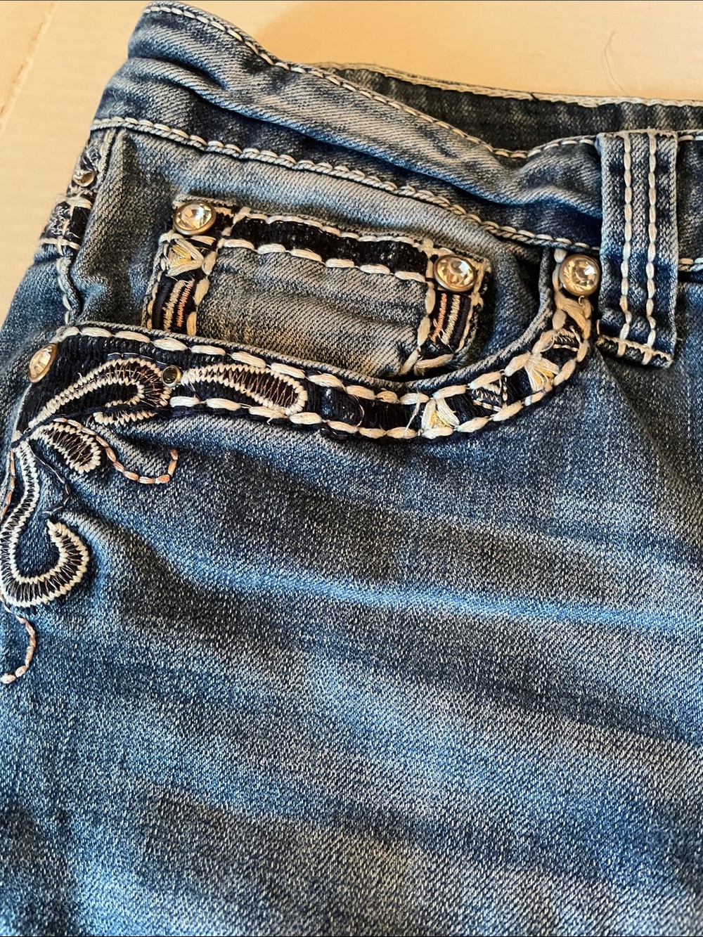 Shyanne Blue Denim Jeans with Lots of Bling and Contrast Stitching - Picture 6 of 11